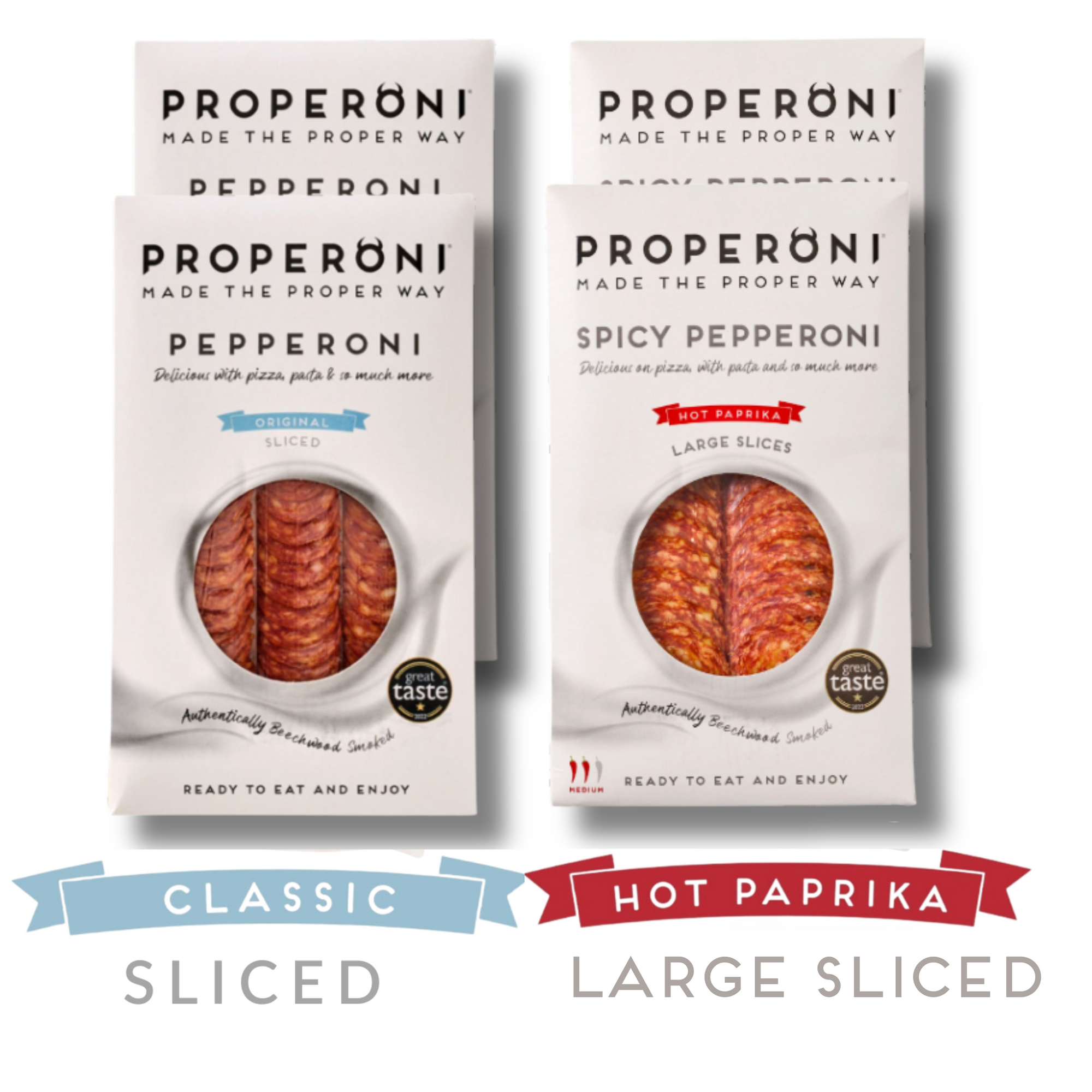 Properoni Classic & Hot Paprika Sliced Pepperoni Mixed Bundle 4 x 80g